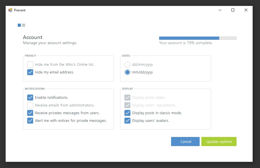 Prevent — paramètres de compte