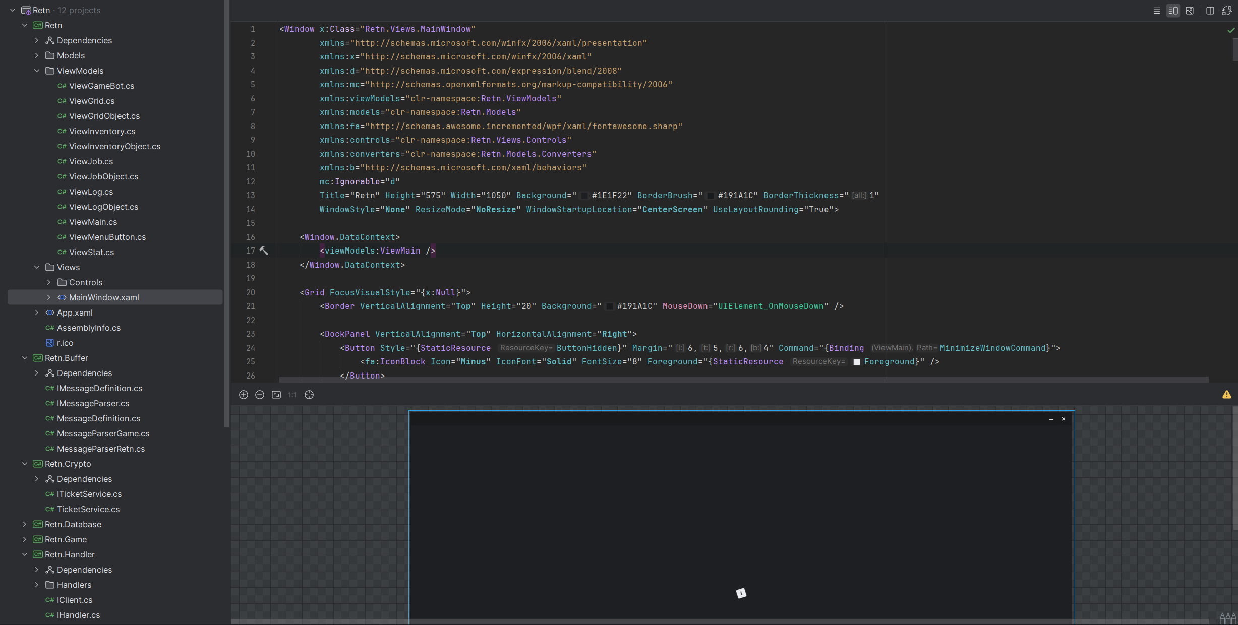 Interface JetBrains Rider et interface client Retn